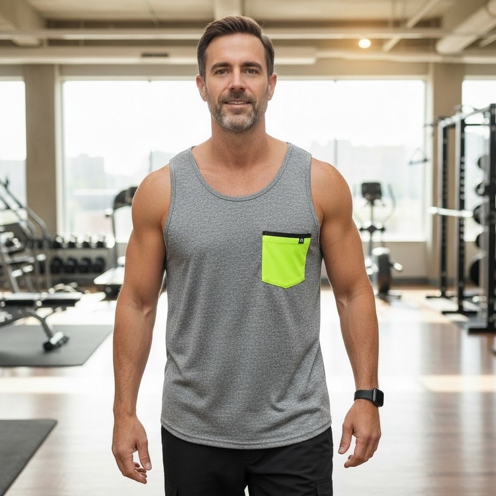 Born Primitive Mens Athletic Tank Top Grey Neon Yellow Pocket Space Dye Size M